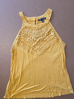 Casual Crochet Yoke Halter Tank Top - Mustard